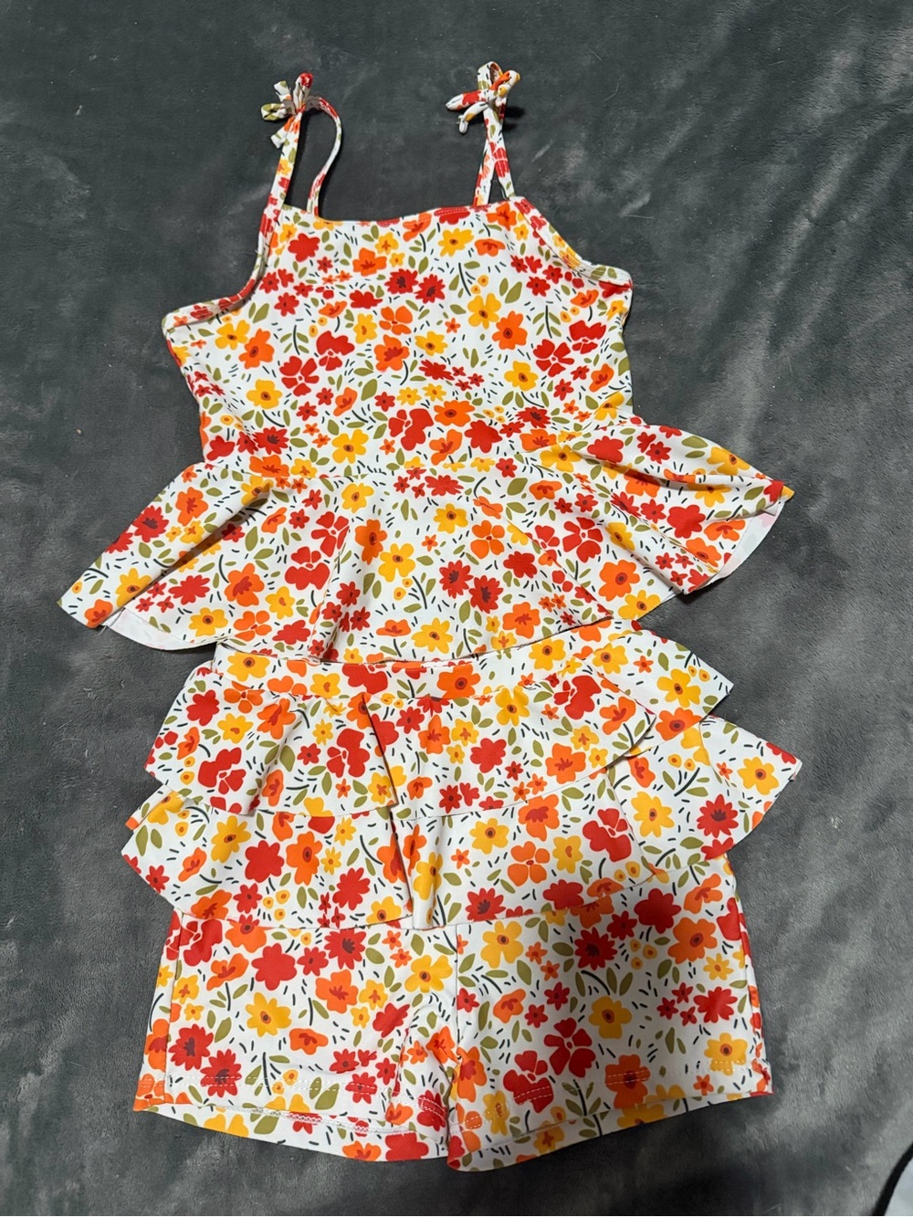 Girls Floral Ruffle Two-Piece Swim Set - White with Red & Yellow Flowers